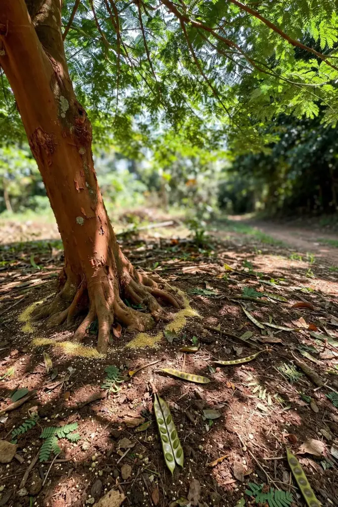 Mature stink bean tree with wide umbrella crown above a mulched drip line