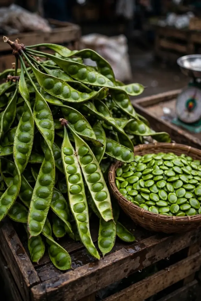Fresh stink bean pods piled on a wooden market crate