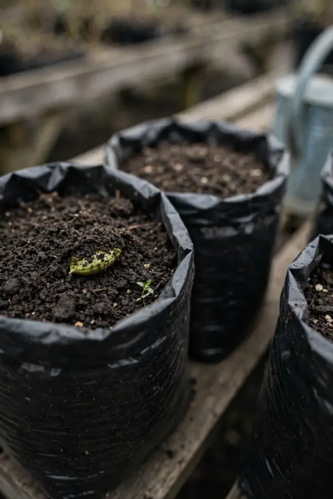 Single stink bean seed sown in a black polybag of loose seed mix