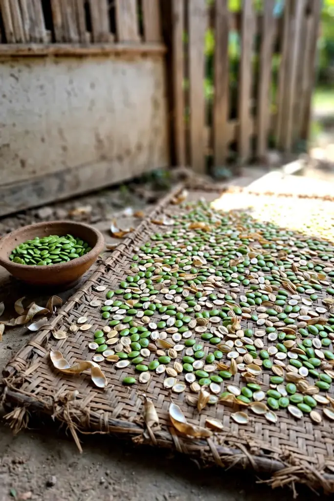 Stink bean seeds drying in a thin layer on a woven mat in the sun