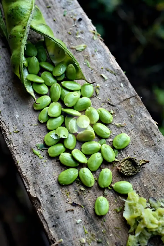 Green stink bean seeds sliding from a split pod onto a timber board