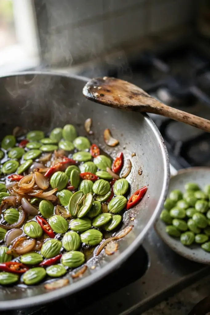 Stink bean seeds stir-frying in a wok with chilies and shallots