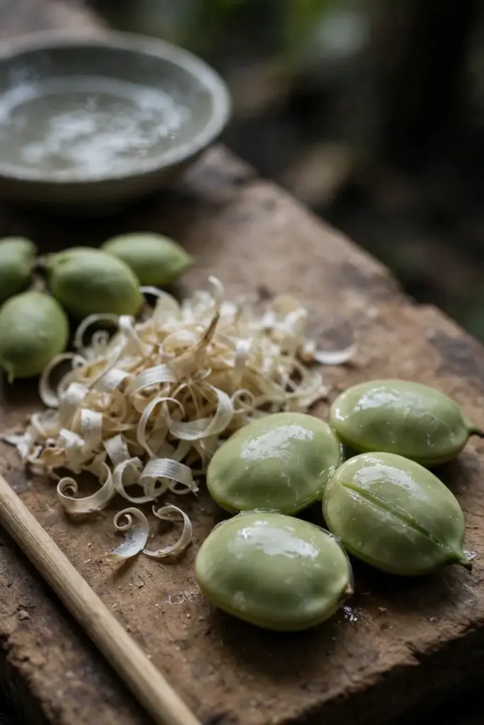 Shelled stink bean seeds with peeled coats beside a heap of thin seed coats