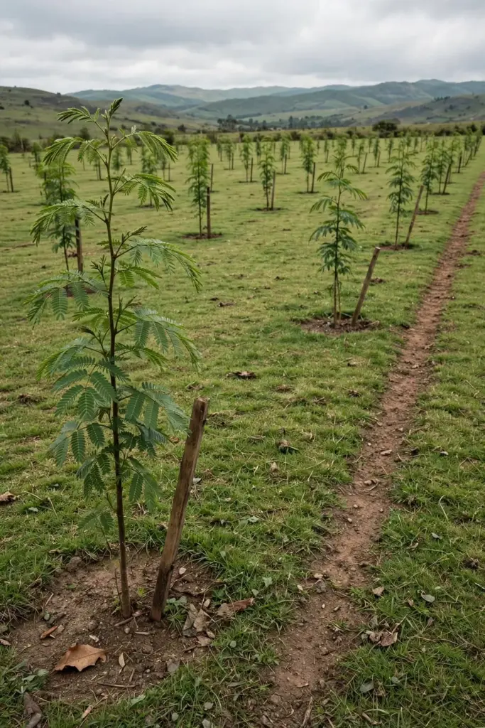 Young stink bean trees planted on a 10 m spacing grid across an open field
