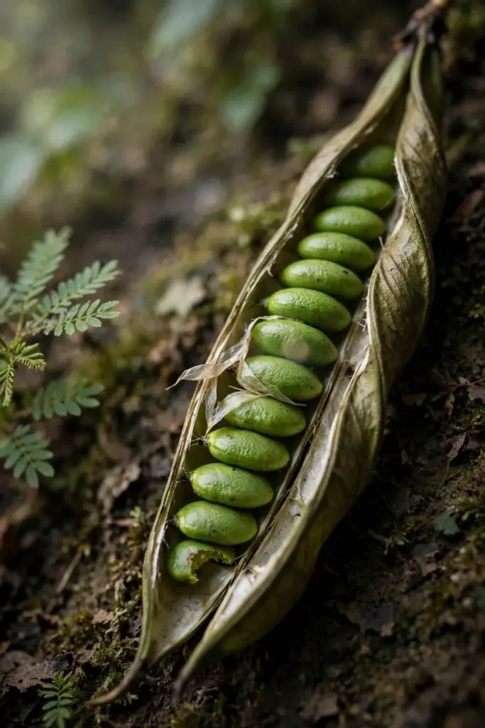 Split stink bean pod showing a full row of green seeds
