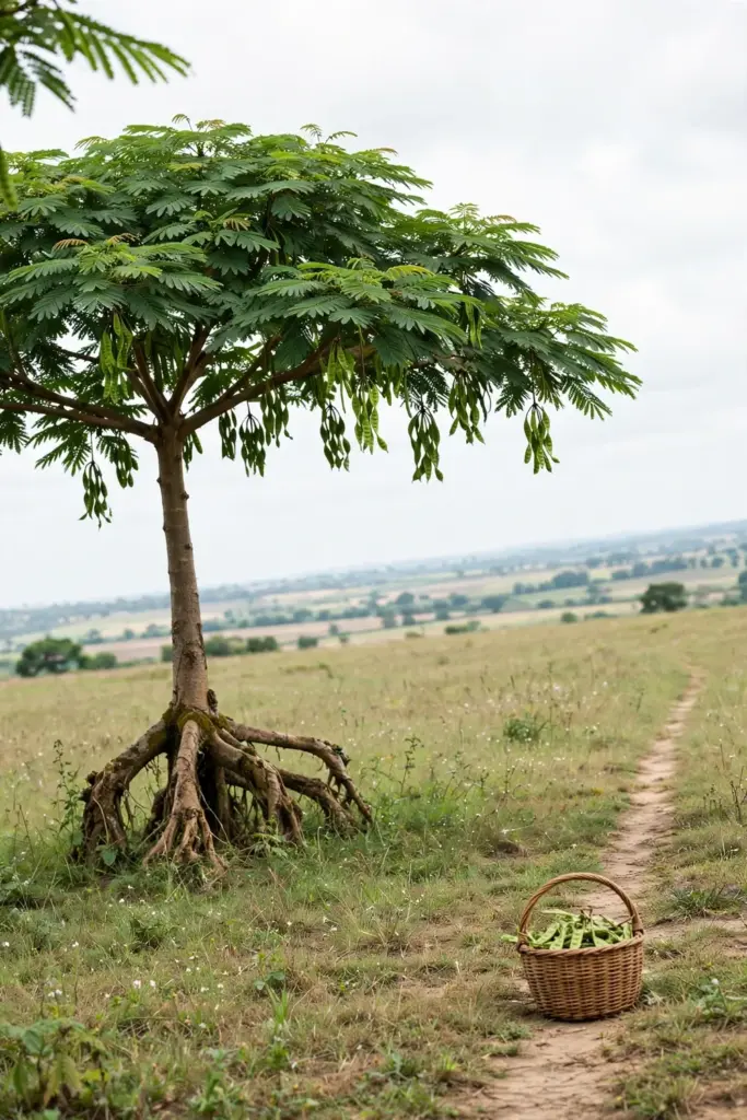 Full stink bean tree across an open field with a basket of pods on the path