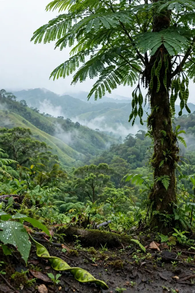 Stink bean tree in humid lowland rainforest at the foot of a green hill
