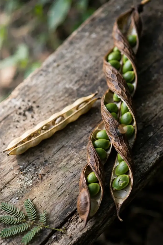 Twisted stink bean pod opened beside a straight tree-bean pod for species comparison