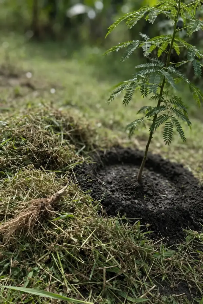 Weeded ring around a young stink bean tree with cut grass piled at the edge