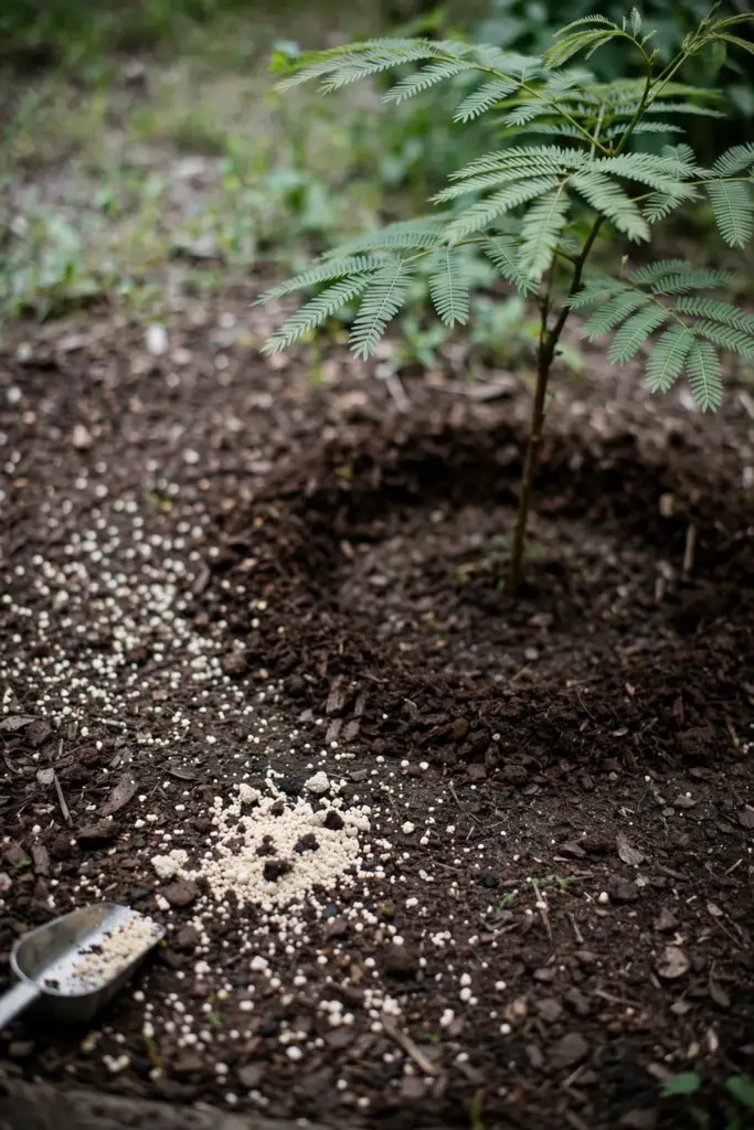 Fertilizer granules scattered thinly across the root zone of a young stink bean tree