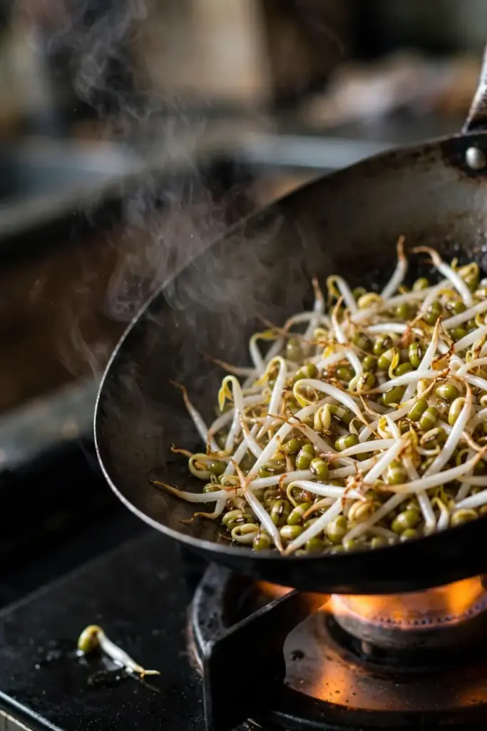 Mung bean sprouts stir-frying in a wok with steam rising