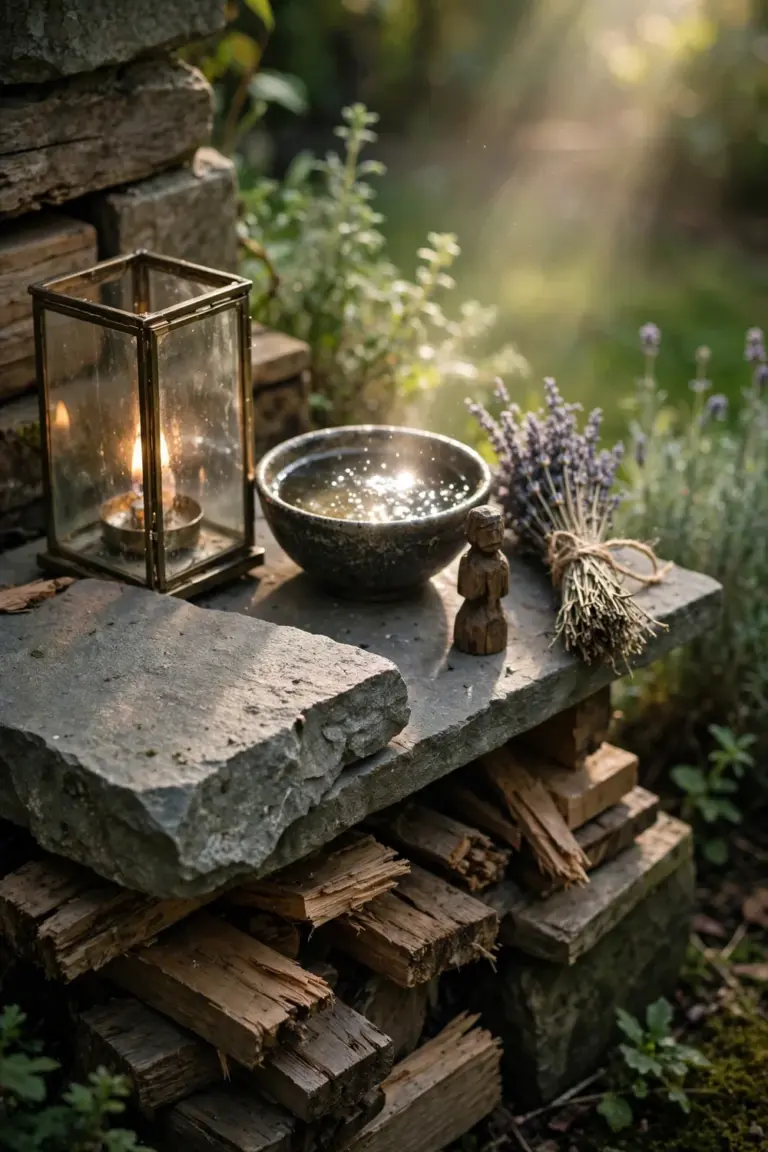 A small altar corner of a flat stone on wooden offcuts holding a candle lantern, water bowl and dried herbs