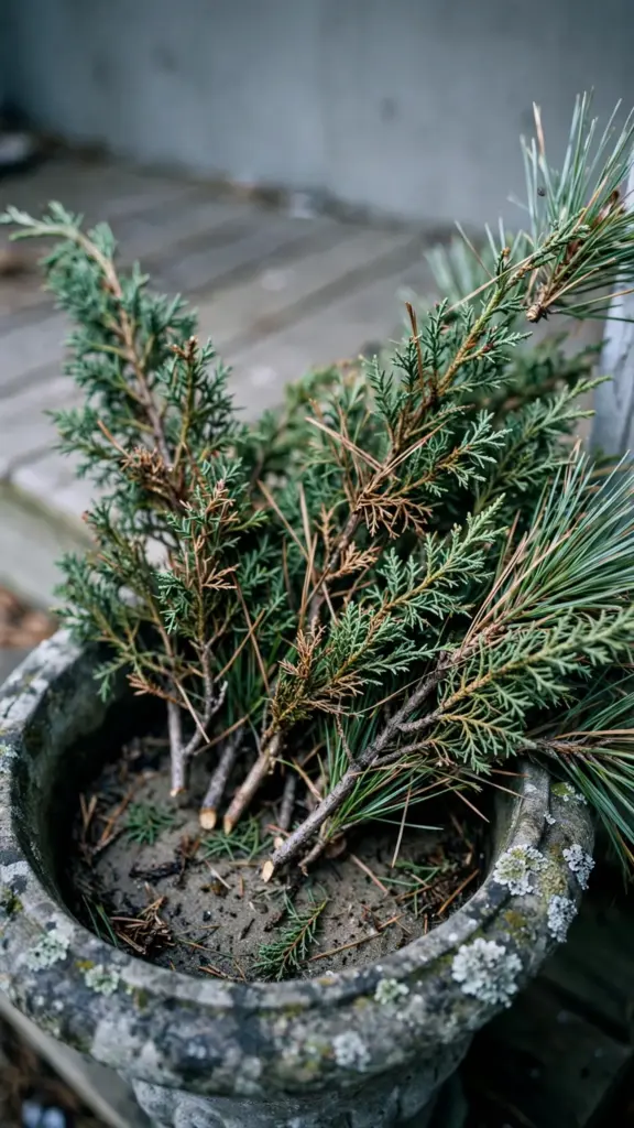Stone urn filled with fresh juniper and pine cuttings