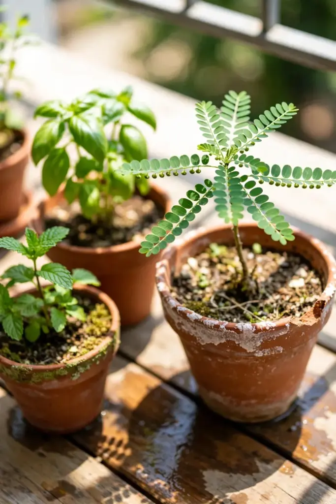 Potted stonebreaker among other herb pots on a sunny balcony