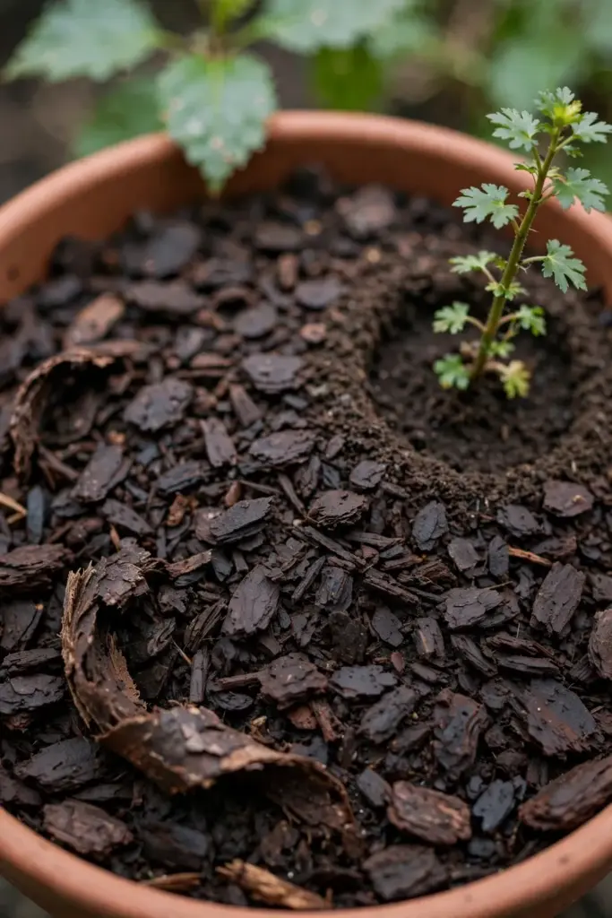 Fine bark mulch spread over a pot, kept clear of the stonebreaker stem