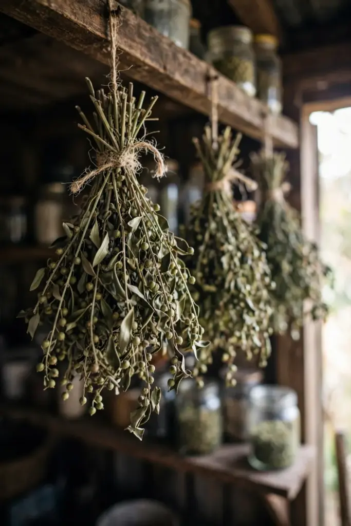 Bundles of dried stonebreaker hanging in a shaded airy spot