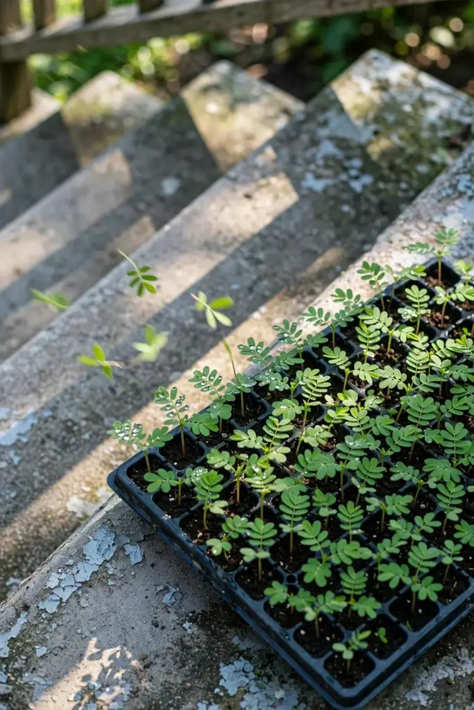 Seedling tray on outdoor steps in morning shade for hardening off