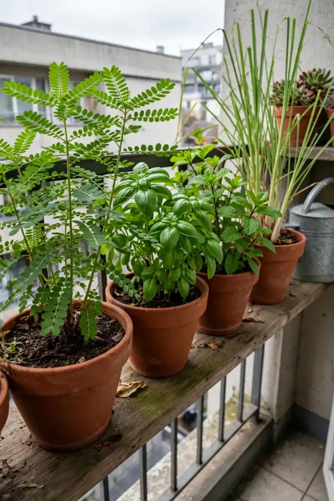 Wide view of a balcony herb shelf with potted stonebreaker in sharp focus