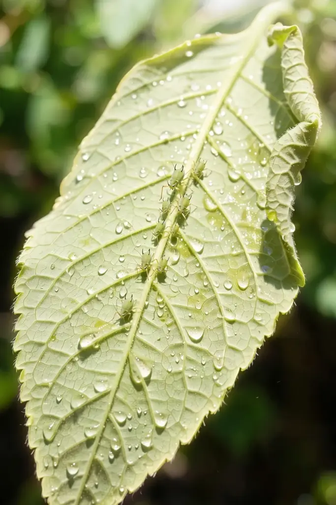 Pale aphids clustered on the underside of a stonebreaker leaf