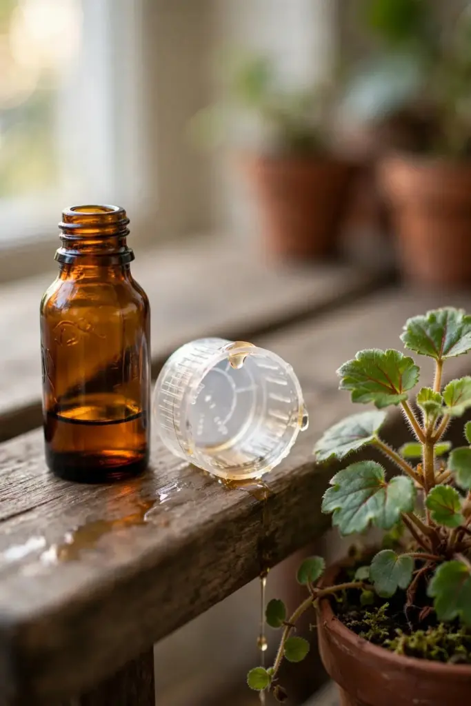 Small amber fertilizer bottle and measuring cap beside a potted stonebreaker