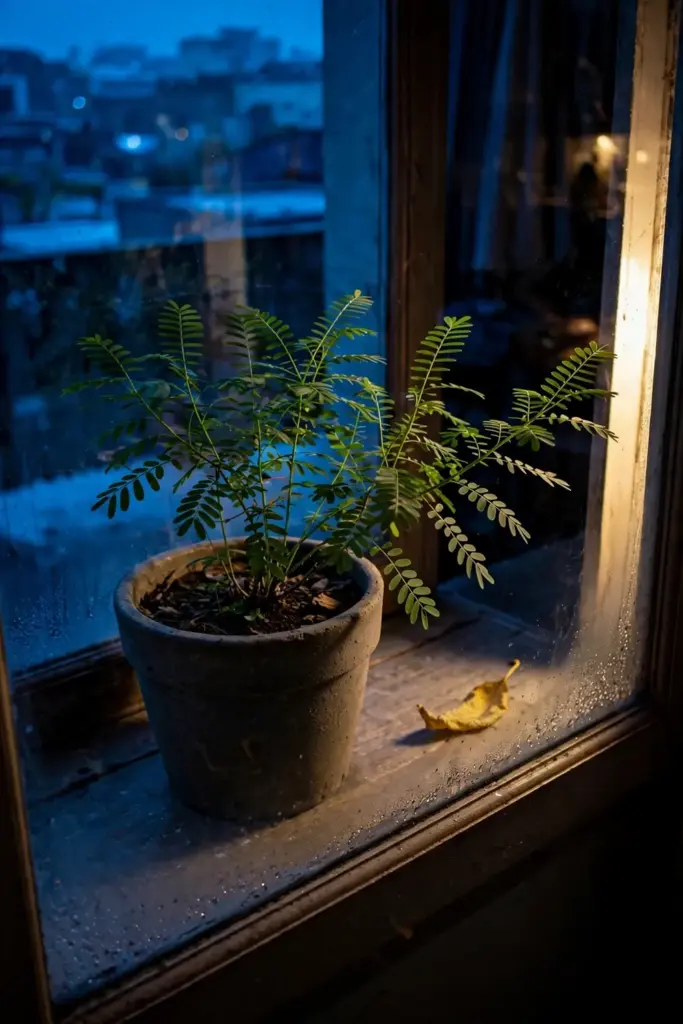 Potted stonebreaker on an indoor windowsill with a cold blue evening outside