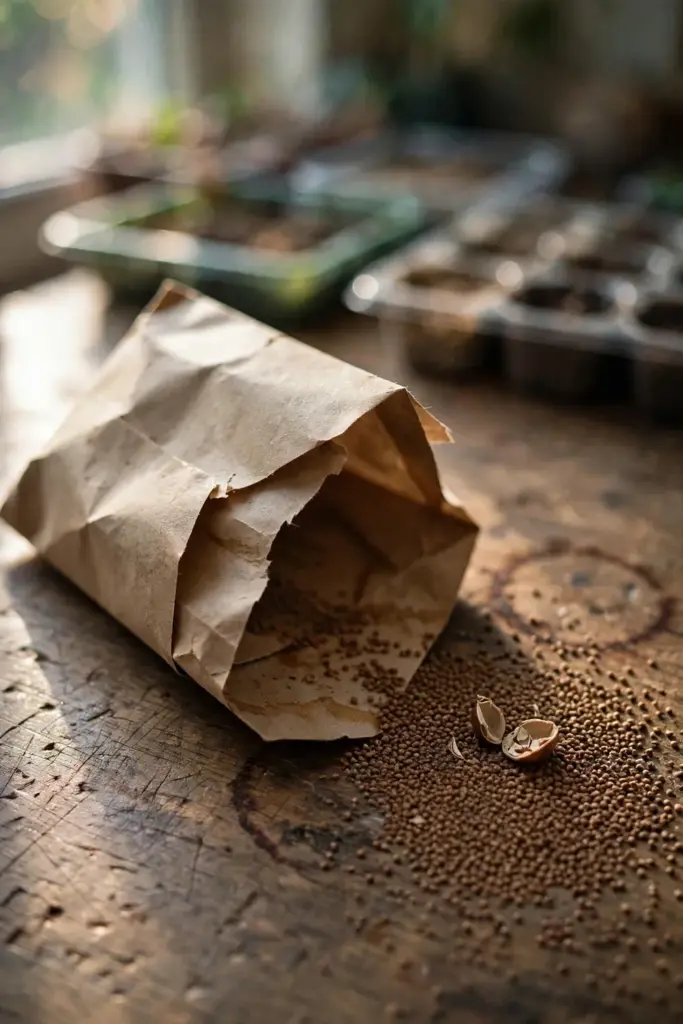 Open seed envelope spilling pinhead-size stonebreaker seeds on a wooden table
