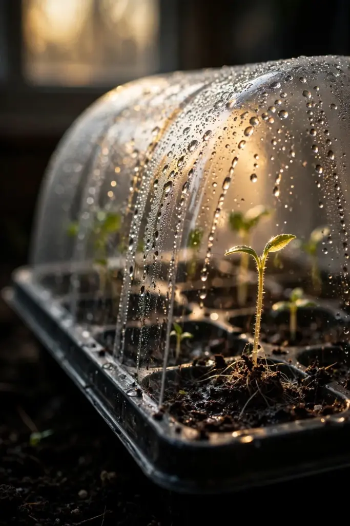 Seed tray with humidity dome and condensation, tiny stonebreaker seedlings emerging