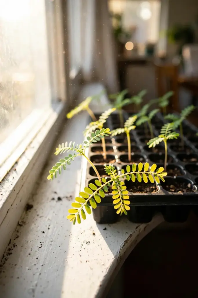 Stonebreaker seedlings in a tray on a sunny windowsill with long shadows