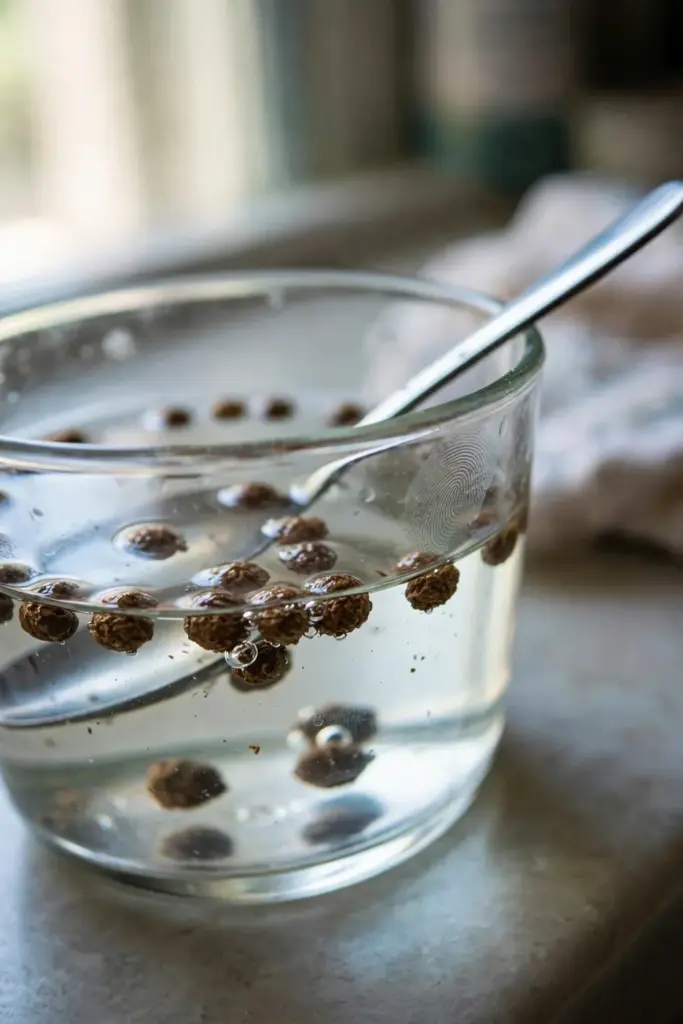Tiny stonebreaker seeds soaking in a small glass bowl of water with a spoon