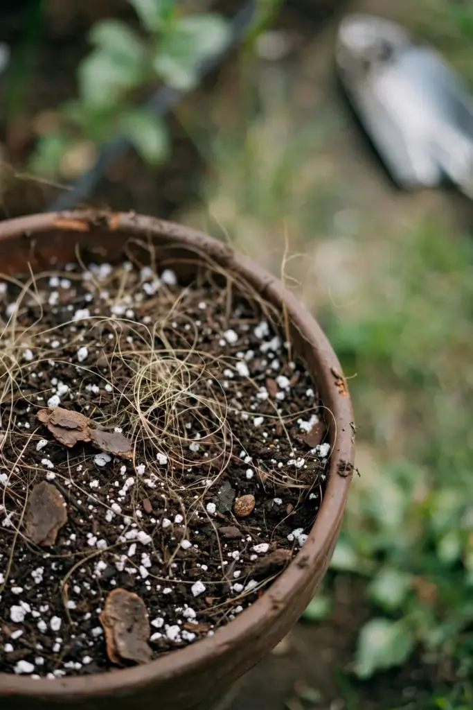 Pot filled with loose mix showing white perlite flecks, trowel at the edge