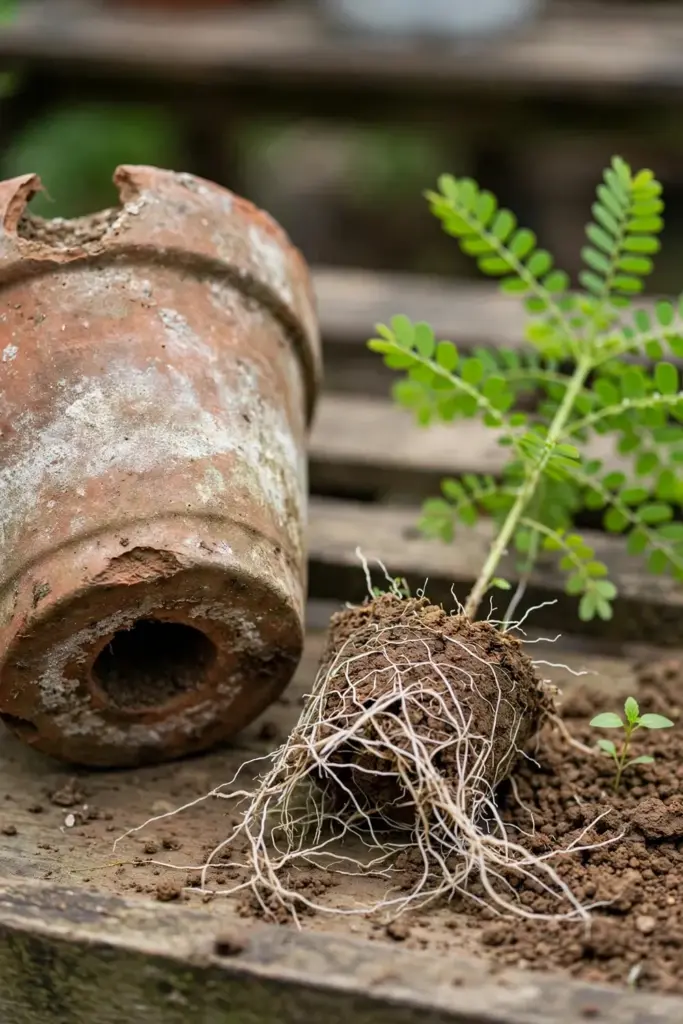 Young stonebreaker plant with rootball beside a terracotta pot with drainage hole