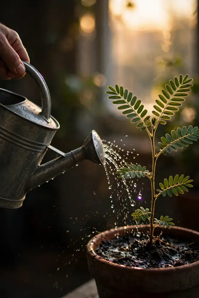 Hand tipping a watering can so droplets arc onto a potted stonebreaker plant
