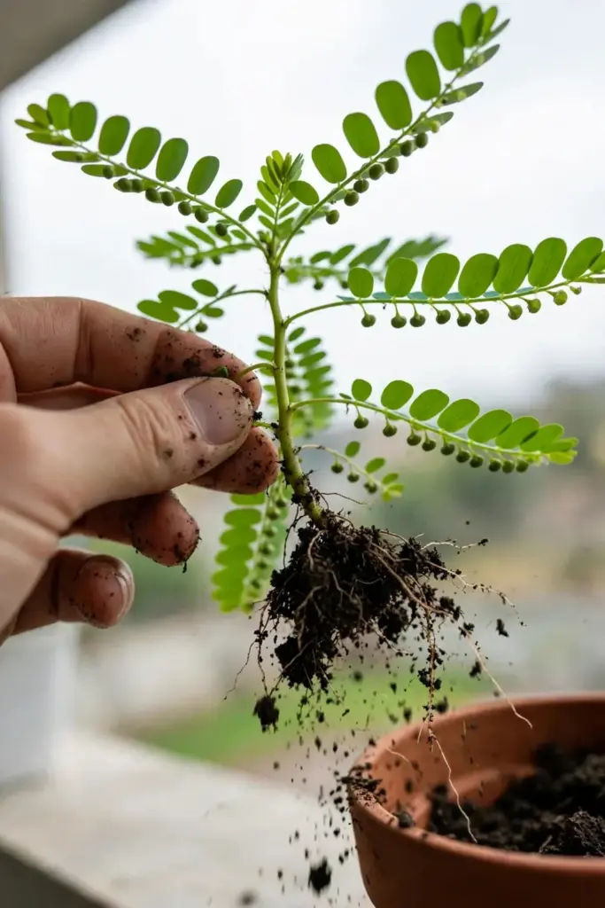 Hand pulling a whole stonebreaker plant with roots and soil from its pot