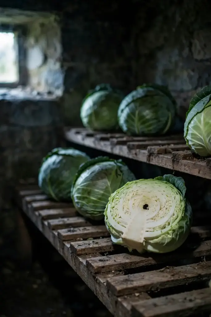 Stored cabbage heads on a cellar shelf, one cut open.