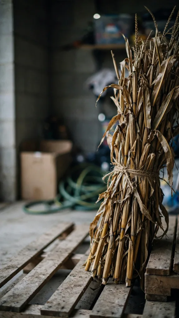 Spare corn stalk bundle stored upright in a dry garage corner