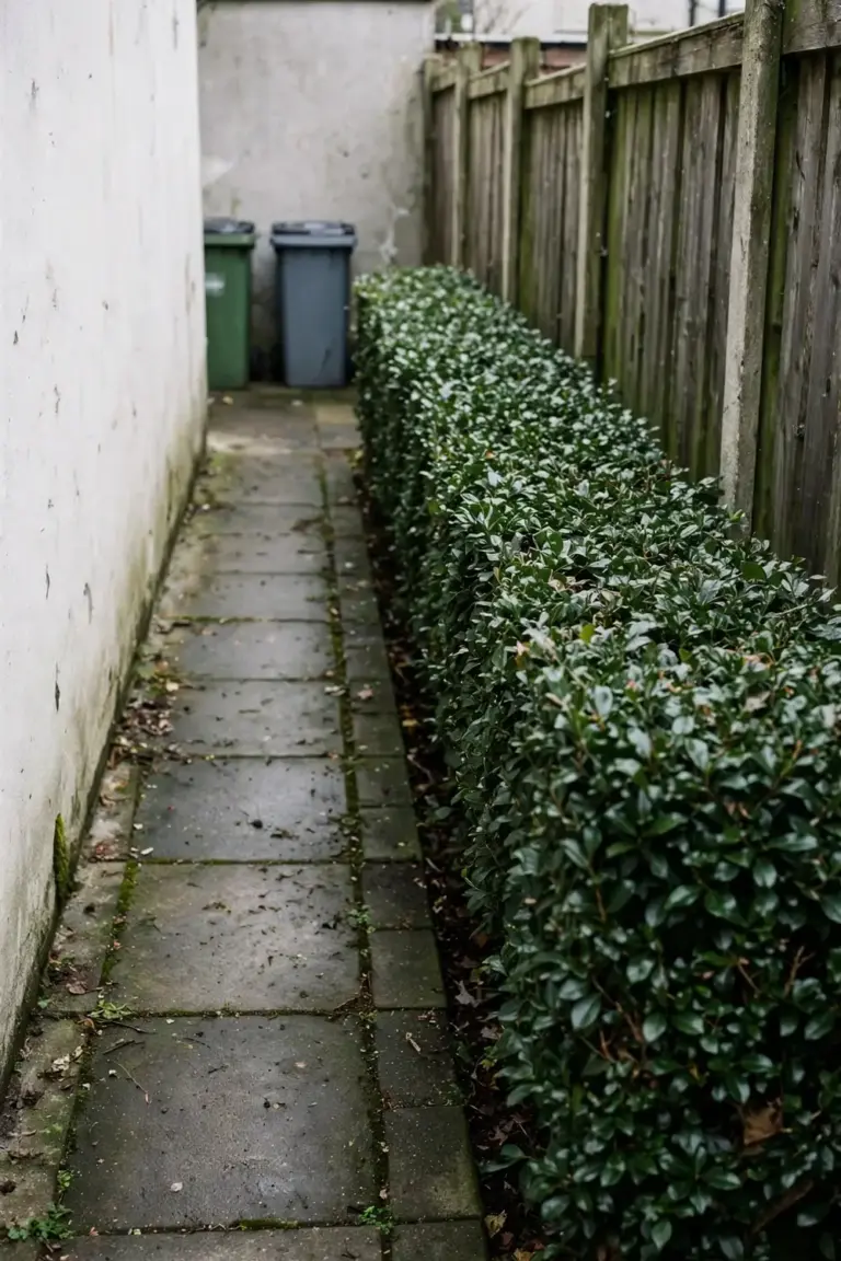Slim straight and narrow hedge along a fence in a side passage