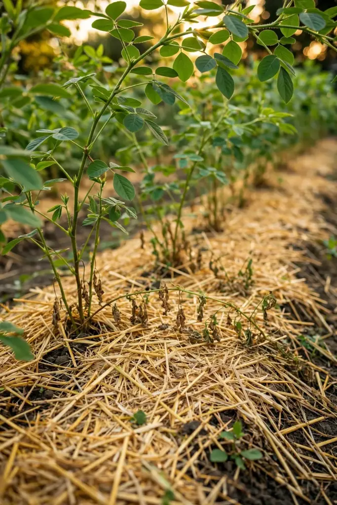 Straw mulch spread around adzuki bean stems in a garden row