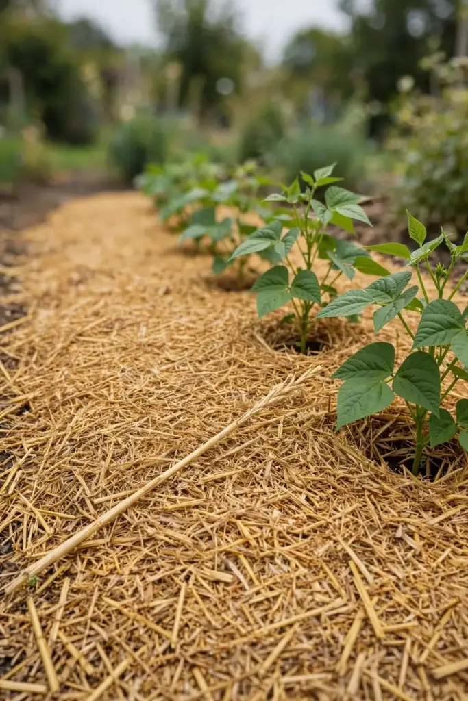 Straw mulch barrier under a bean row keeping soil splash off lower leaves.