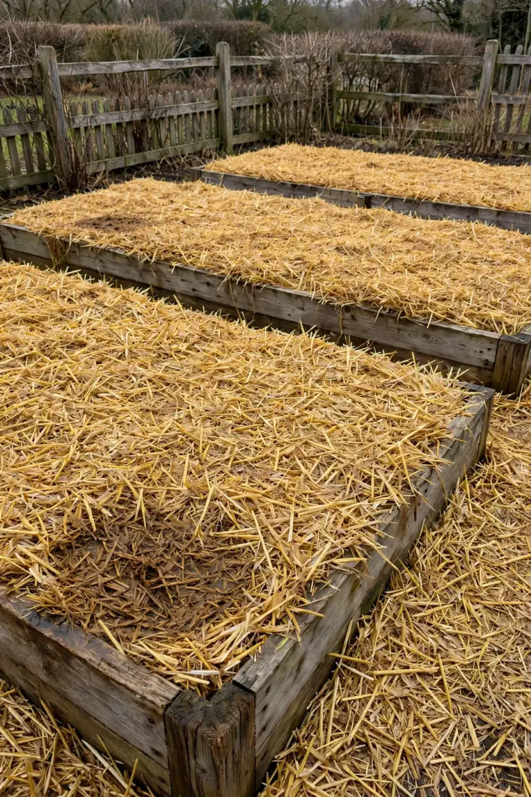 Timber raised vegetable beds covered in a thick straw mulch blanket, sharp front to back