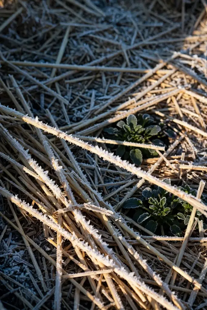 Straw mulch tucked around pansy crowns after frost