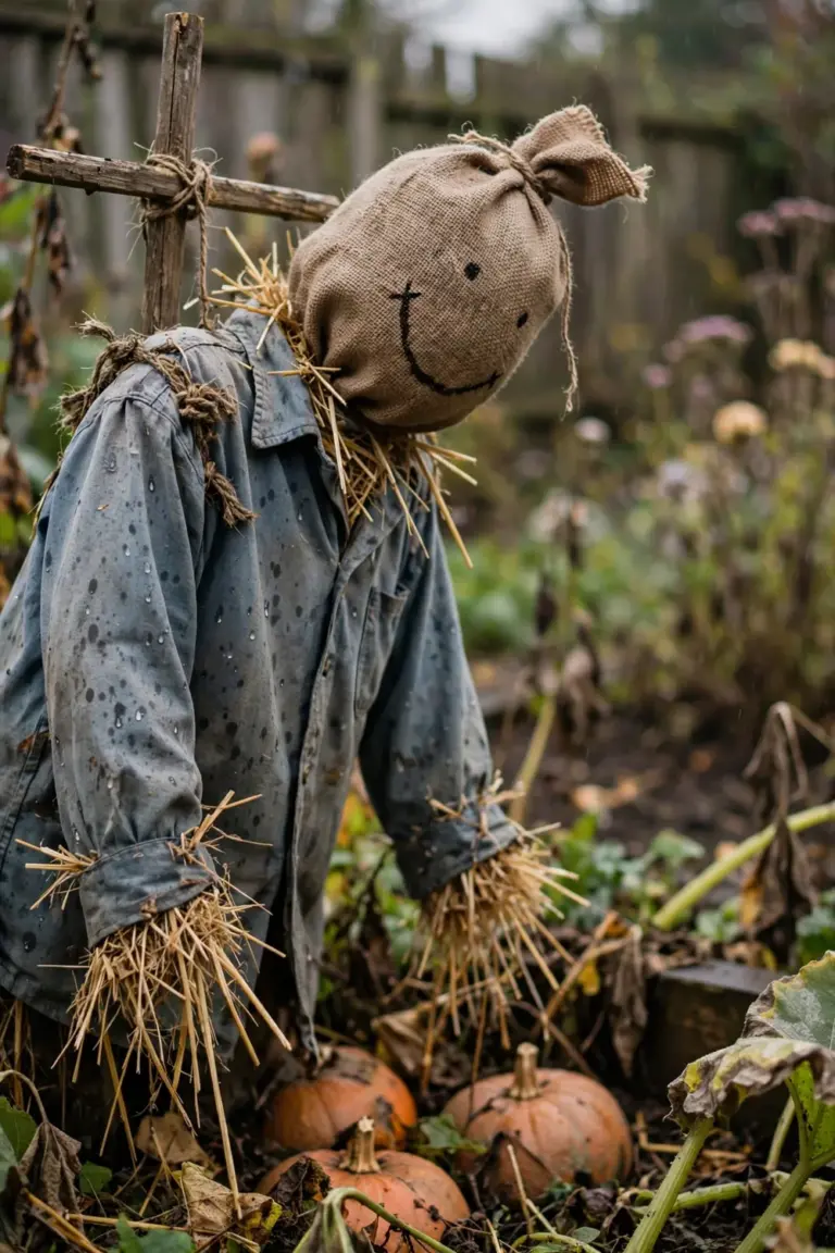 A handmade scarecrow with a burlap head and straw-stuffed shirt standing in a flower bed