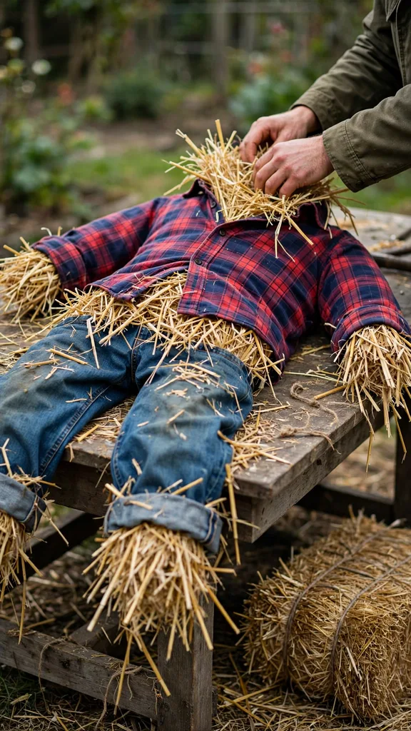 Straw stuffing packed into a scarecrow shirt and trousers on a workbench