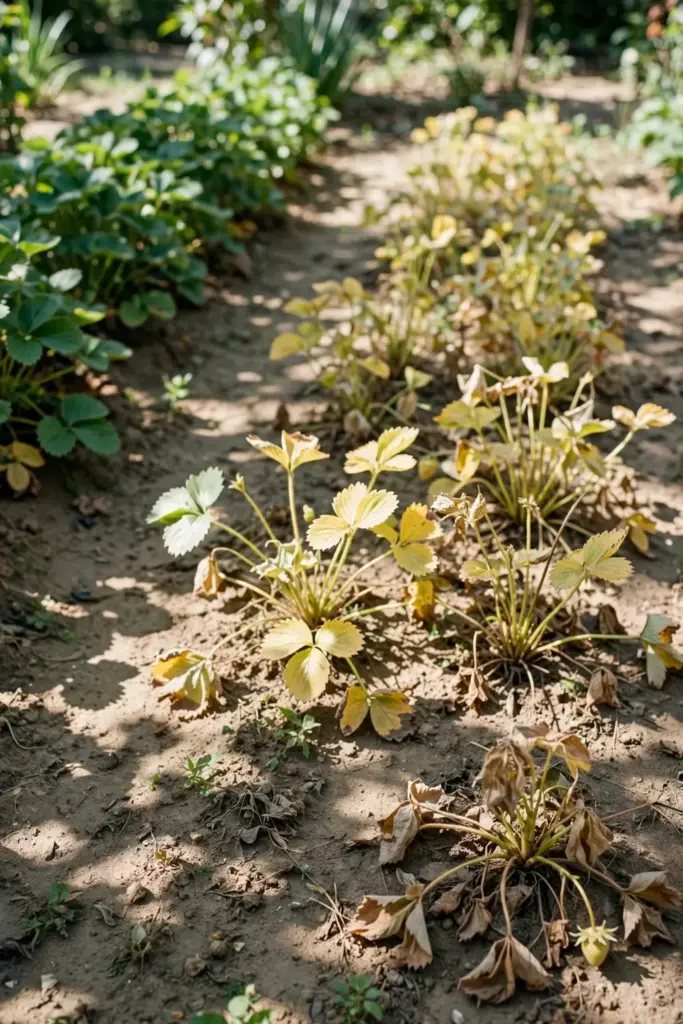 Strawberry bed thinning in patches with yellowing crowns.