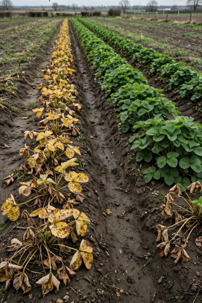 Two strawberry rows, one short and yellowed with spotted leaves, one tall and green.