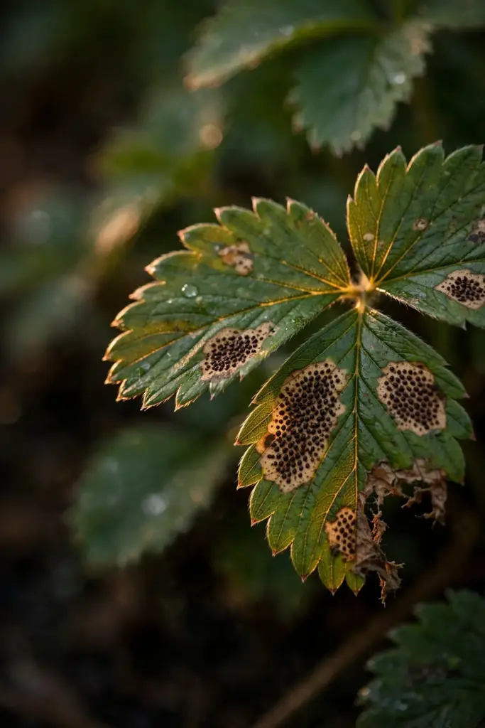Macro of strawberry leaf spots with dark fruiting bodies in tan centers.