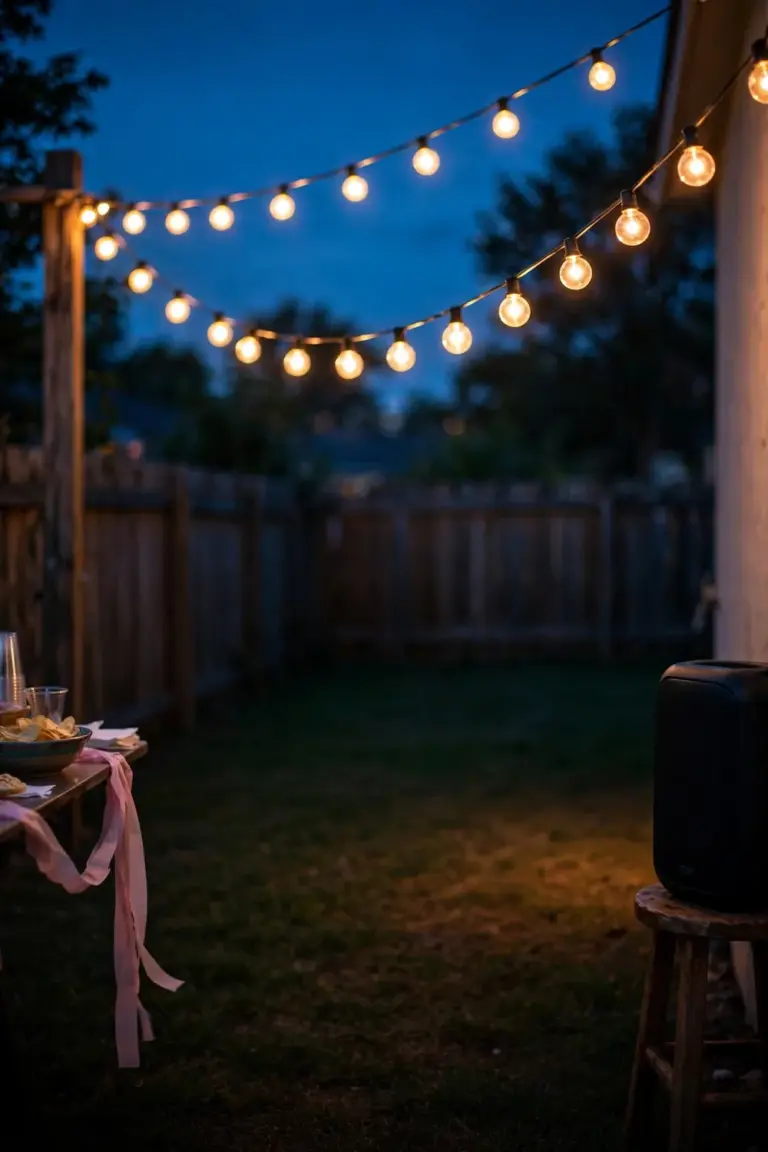 String lights over an empty lawn corner at dusk with a speaker on a stool and a snack table