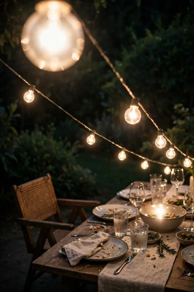 Warm-white string lights hanging low over a long party table in a dark garden
