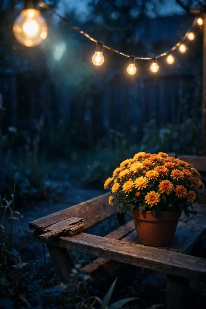 String lights strung low over a garden seating corner at dusk