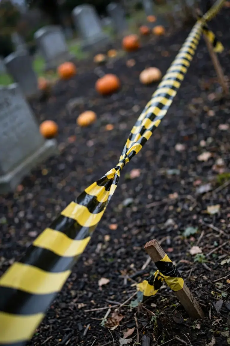 Black and yellow striped tape strung between stakes along a front garden path