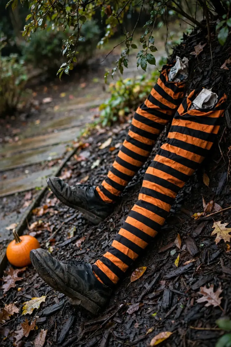 Stuffed striped witch legs with black shoes plunging into a mulched bed under a shrub
